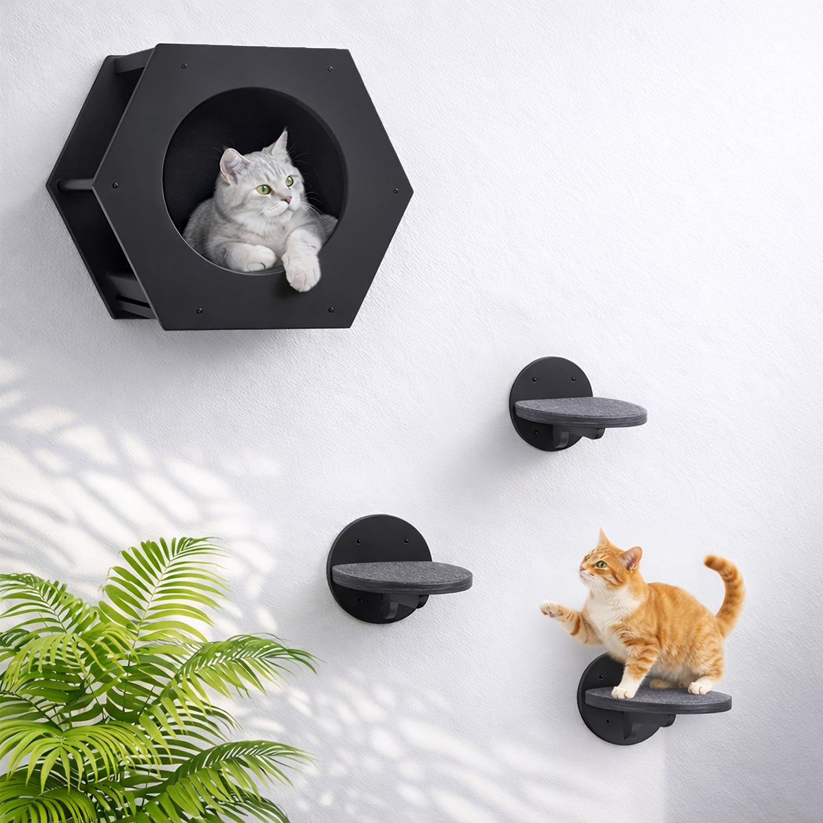 Cat Wall Shelves with Hexagon House, 4-Piece Wooden Climbing Furniture Set with 3 Steps and Scratching Post for Small and Medium Indoor Cats up to 20 lbs