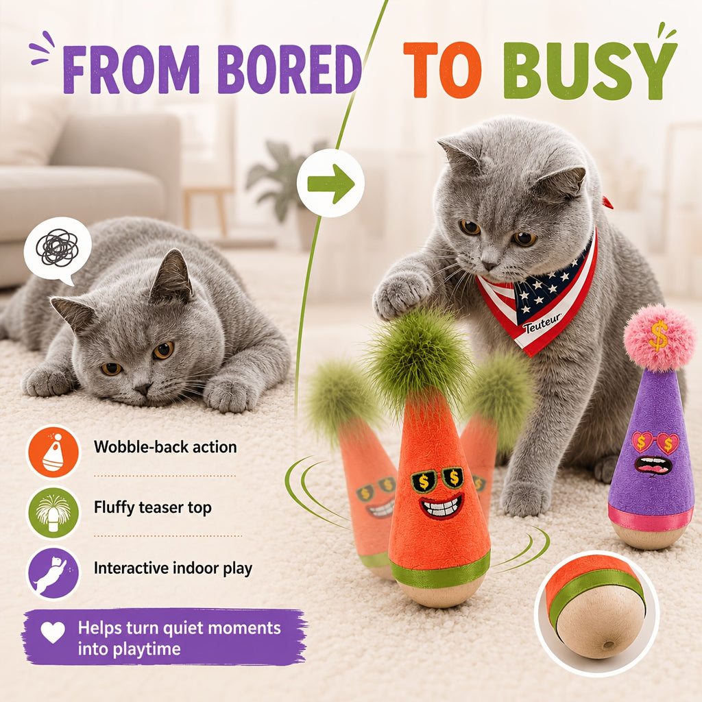 Cat Wobble Feather Toy with Cat Mint Powder, Interactive Hunting and Chasing Teaser for Indoor Kittens and Adult Cats, Purple or Red Styles