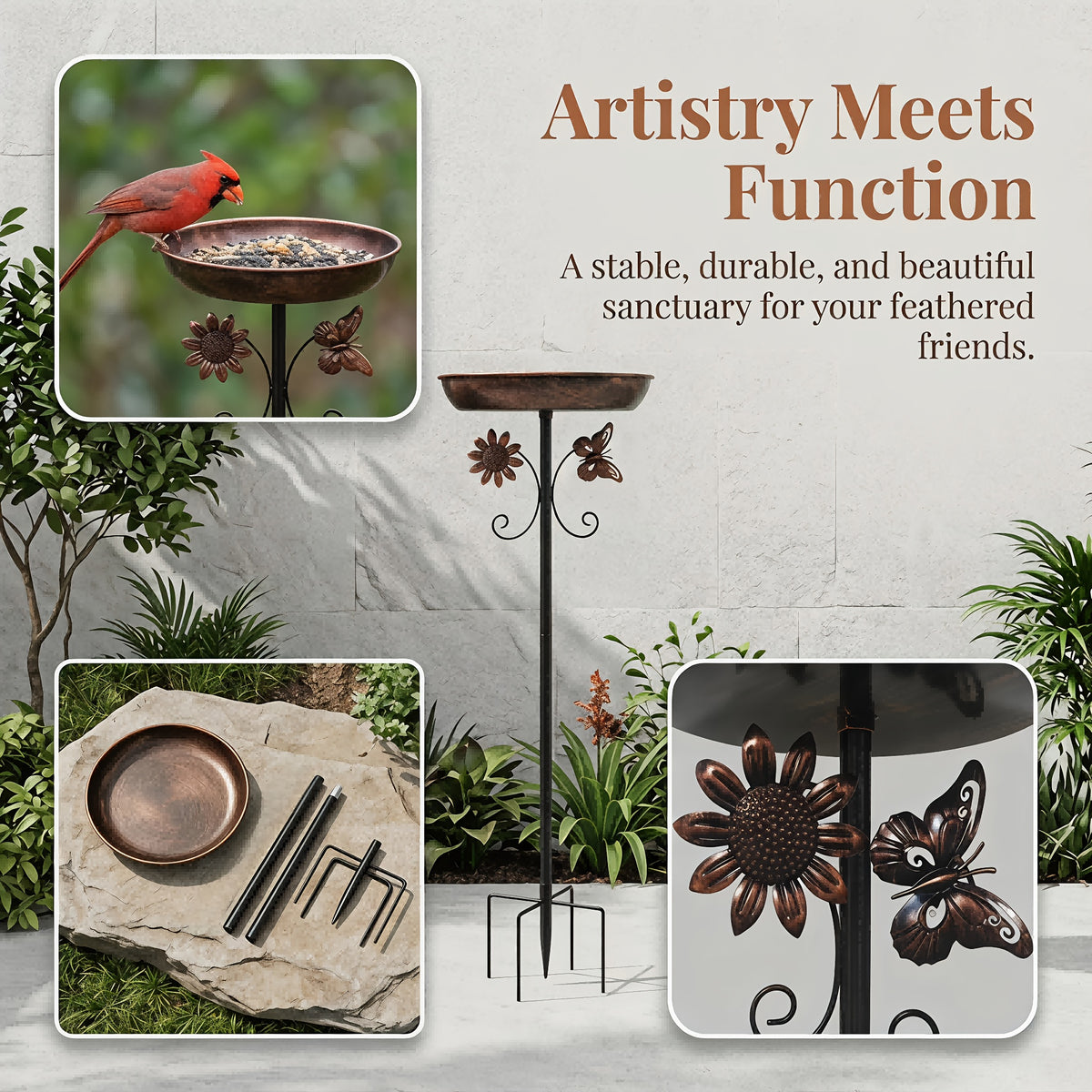 Bronze Metal Bird Bath with Flower and Butterfly Accents, Five-Prong Ground Stake Garden Basin with Single Layer and Set Options for Outdoor Yard Decor