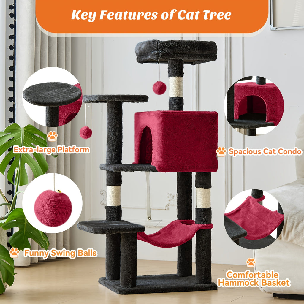 Cat Tree with Seven Color Choices, 44 Inch Indoor Cat Tower with Hammock, Condo Hideaway, Elevated Perches and Sisal Scratching Posts
