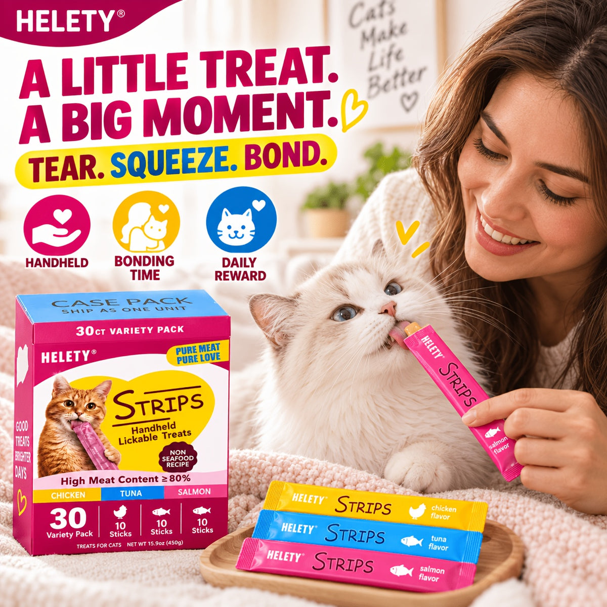 Creamy Lickable Cat Treats 15g, Squeeze Cat Snacks and Food Topper in Tuna, Salmon or Chicken, 10 Count Packs or 30 Count Chicken Option