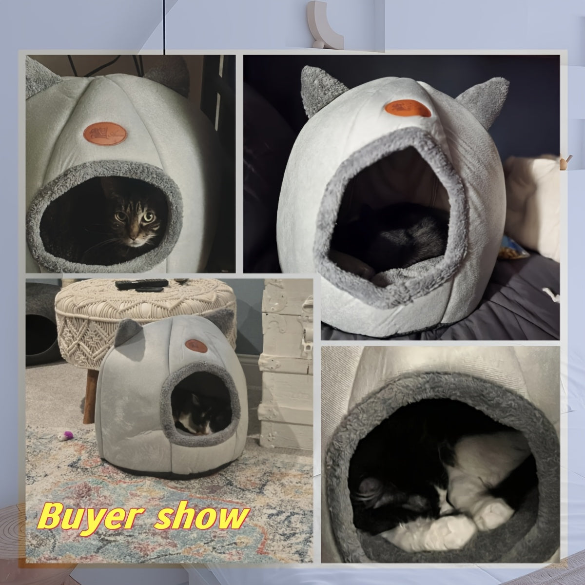 Cat Cave Bed with Cute Cat Ears for Indoor Cats and Kittens, Gray Enclosed Sleeping House with Rounded Entrance for Quiet Naps