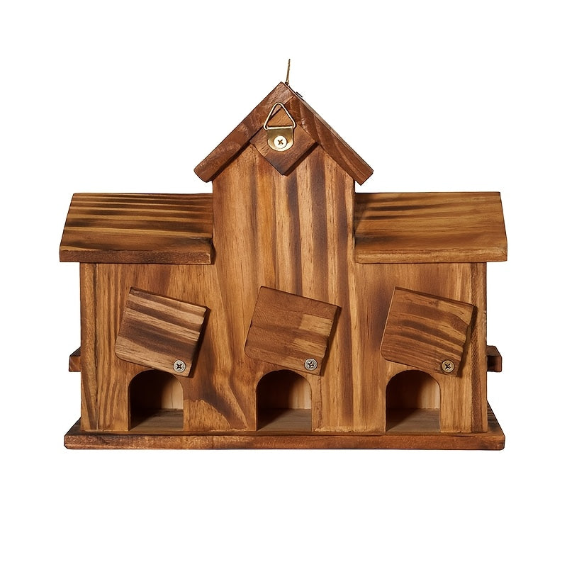 Compact Wooden Birdhouse with Feeding Spoon, Hanging Cottage-Style Bird House with Round Openings and Front Feeding Areas for Outdoor Garden Decor