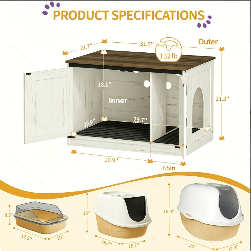 Hidden Litter Box Furniture with Barn Doors, Farmhouse Cat Cabinet with Reversible Entrance, Removable Divider and Ventilation Holes