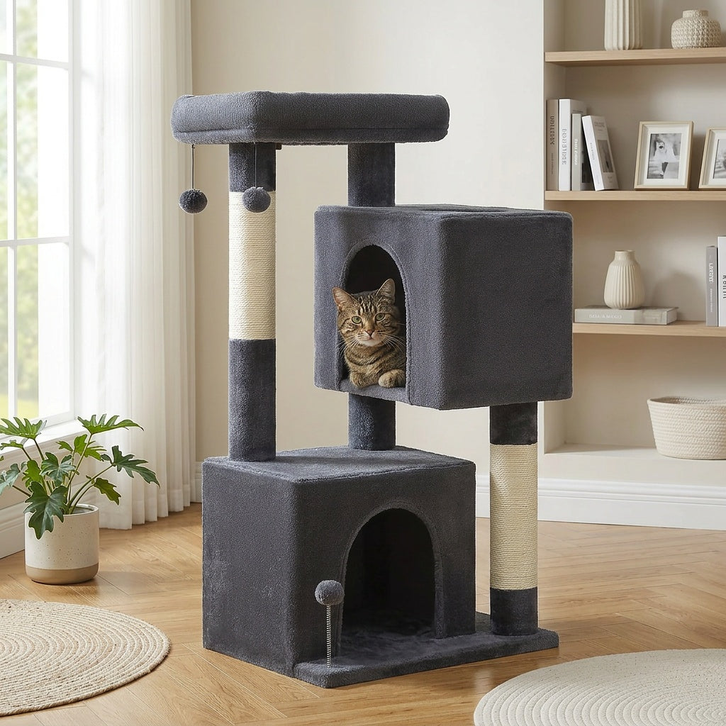 Cat Tree with Two Spacious Condos, 31.5 or 44 Inch Indoor Cat Tower with Washable Top Perch, 3.4 Inch Thick Scratching Posts and Two Play Toys
