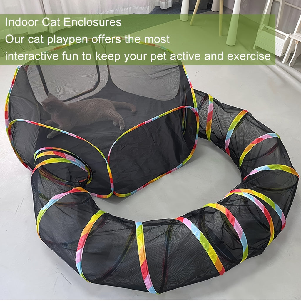 Portable Cat Catio with Circle Tunnel, Rainbow Mesh Tent and Playpen for Indoor Cats and Kittens, Supervised Backyard Exploration with Storage Bag
