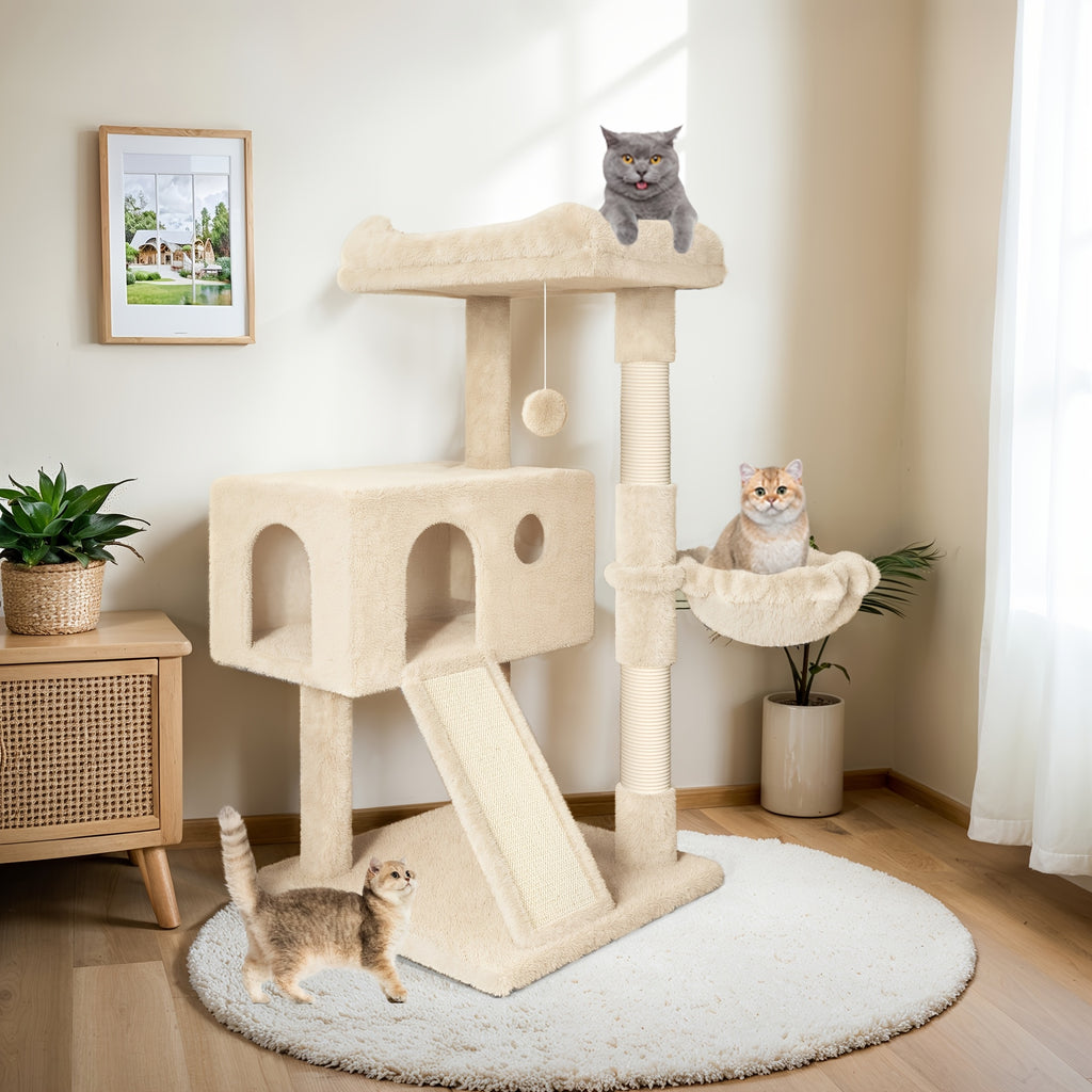 Cat Tree with Sisal Scratching Board, 36 Inch Multi-Level Indoor Cat Condo with Cozy Hammock, Padded Plush Perch and Scratching Posts for Kittens