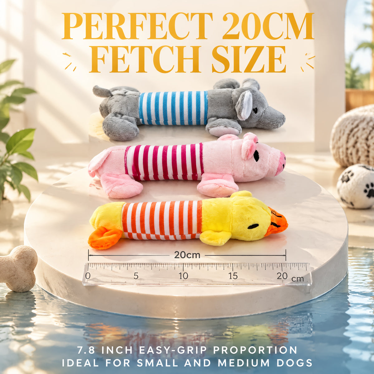 Squeaky Dog Toys with Striped Plush Design, 3 Pack 7.5 Inch Soft Stuffed Animal Toys in Assorted Colors for Small and Medium Dogs, Supervised Gentle Play