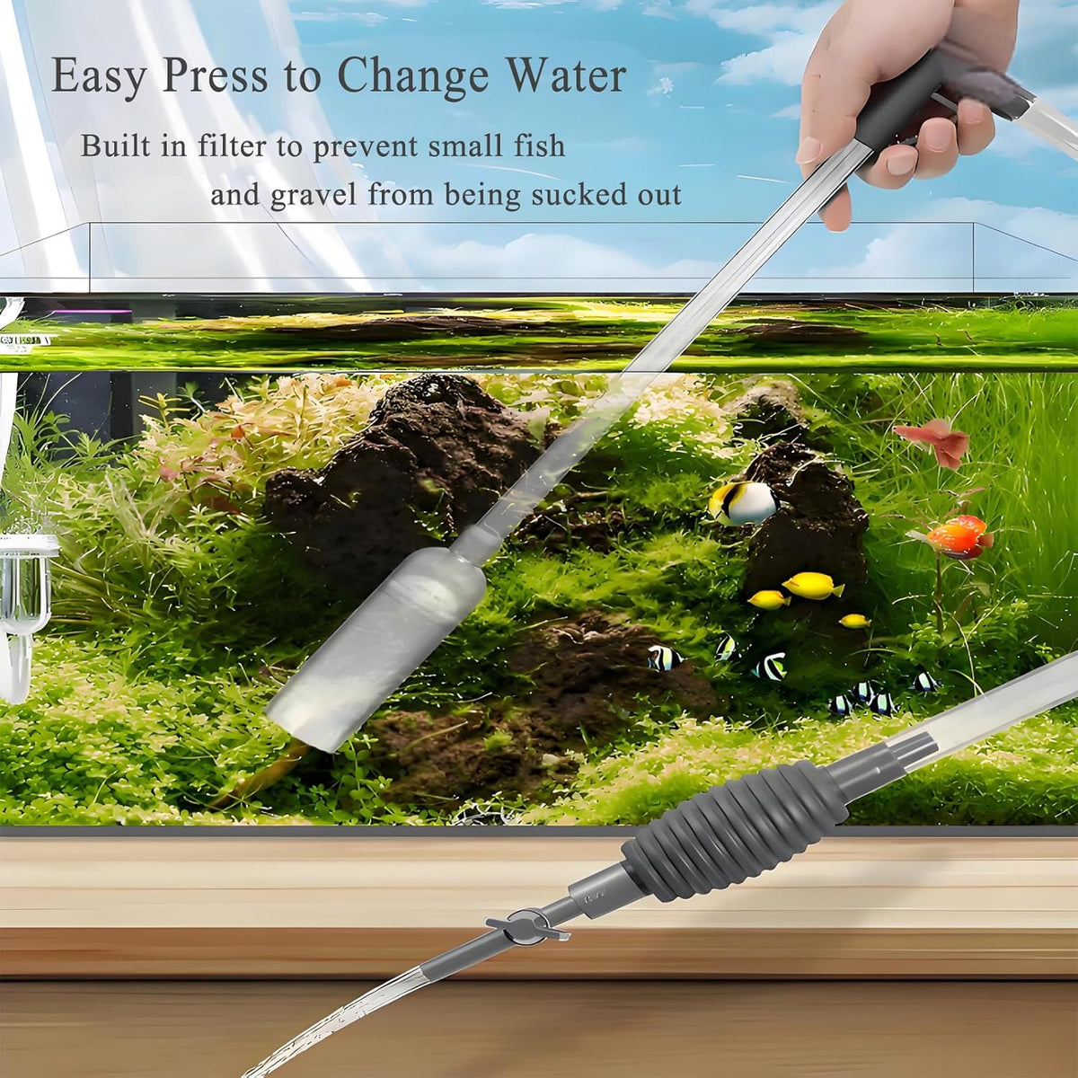 Manual Aquarium Gravel Cleaner, 66.93-Inch Gray Reinforced Siphon for Fish Tank Water Changes and Debris Removal, Freshwater and Saltwater Use