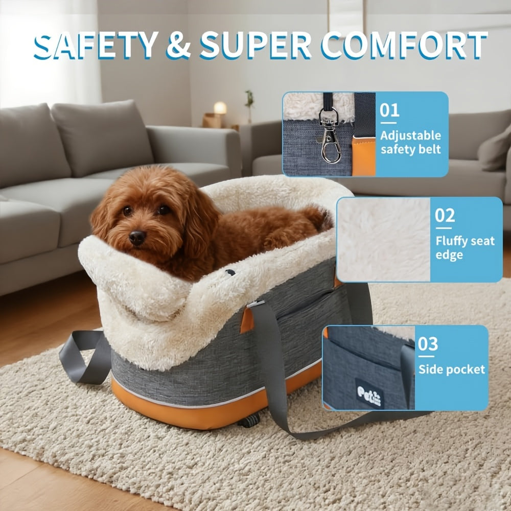 Center Console Dog Car Seat for Small Dogs and Cats up to 10 lbs, Plush-Lined Armrest Pet Travel Bag with Carry Straps, Khaki or Dark Gray