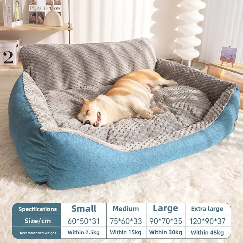High Back Dog Sofa Bed with Plush Textured Cushion, Blue and Gray Bolster Pet Couch in Four Sizes for Small to Large Dogs and Cozy Indoor Rest