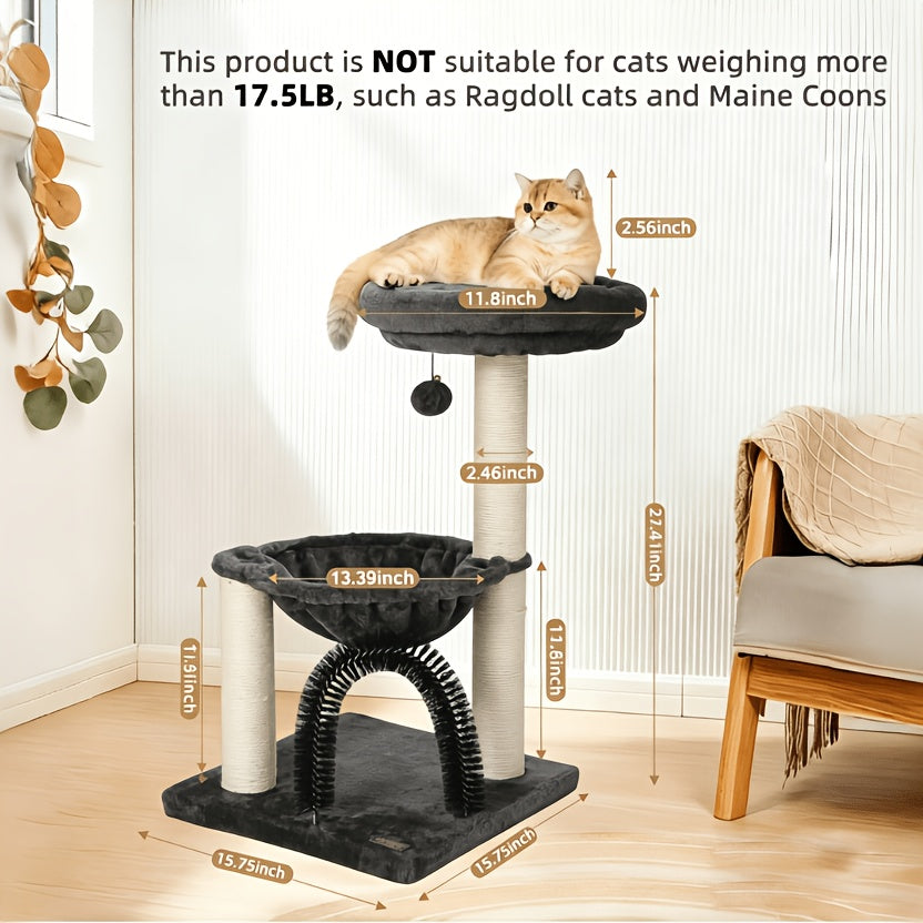 Cat Tree for Kittens and Small Cats, 27.8-Inch Gray Indoor Tower with Plush Basket, Top Perch, Scratching Posts and Dangling Ball Toy