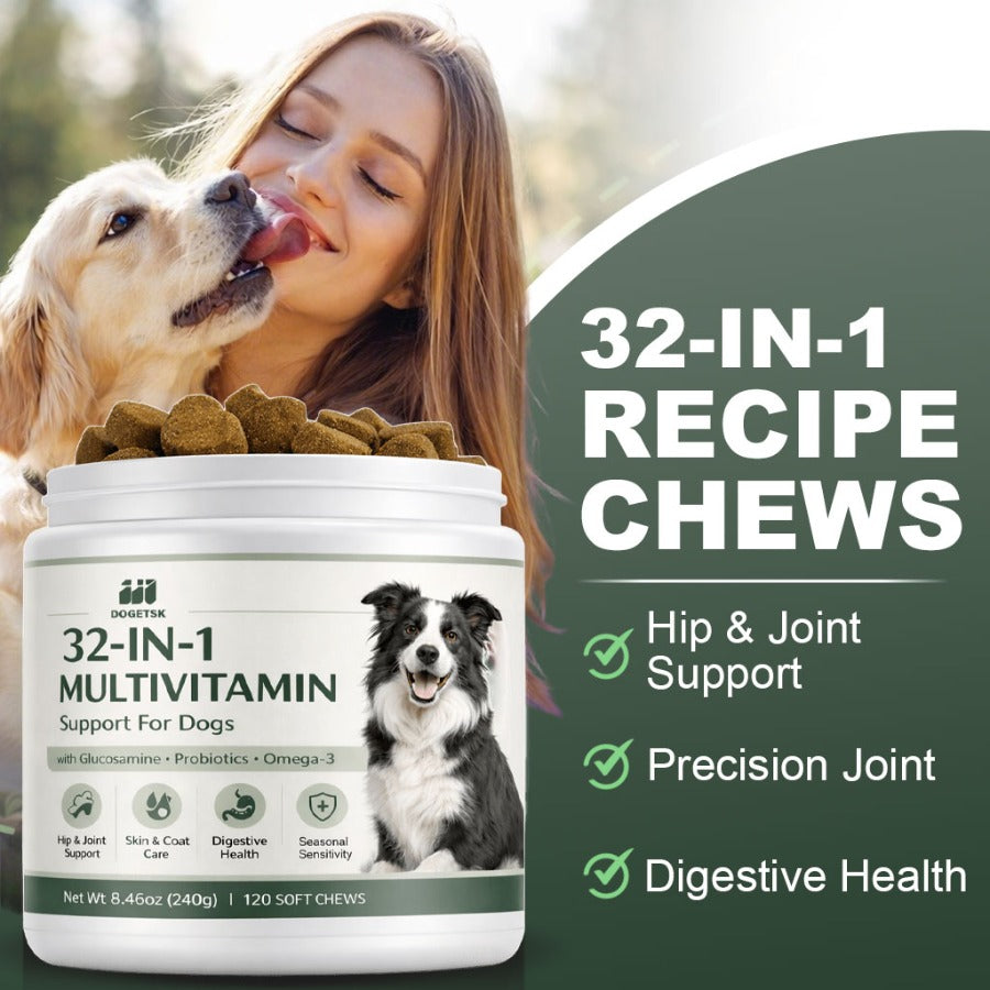 Dog Vitamin Soft Chews, 32-in-1 Daily Supplement with Probiotics and Omega-3, 120 Count for Canine Wellness and Joint Support