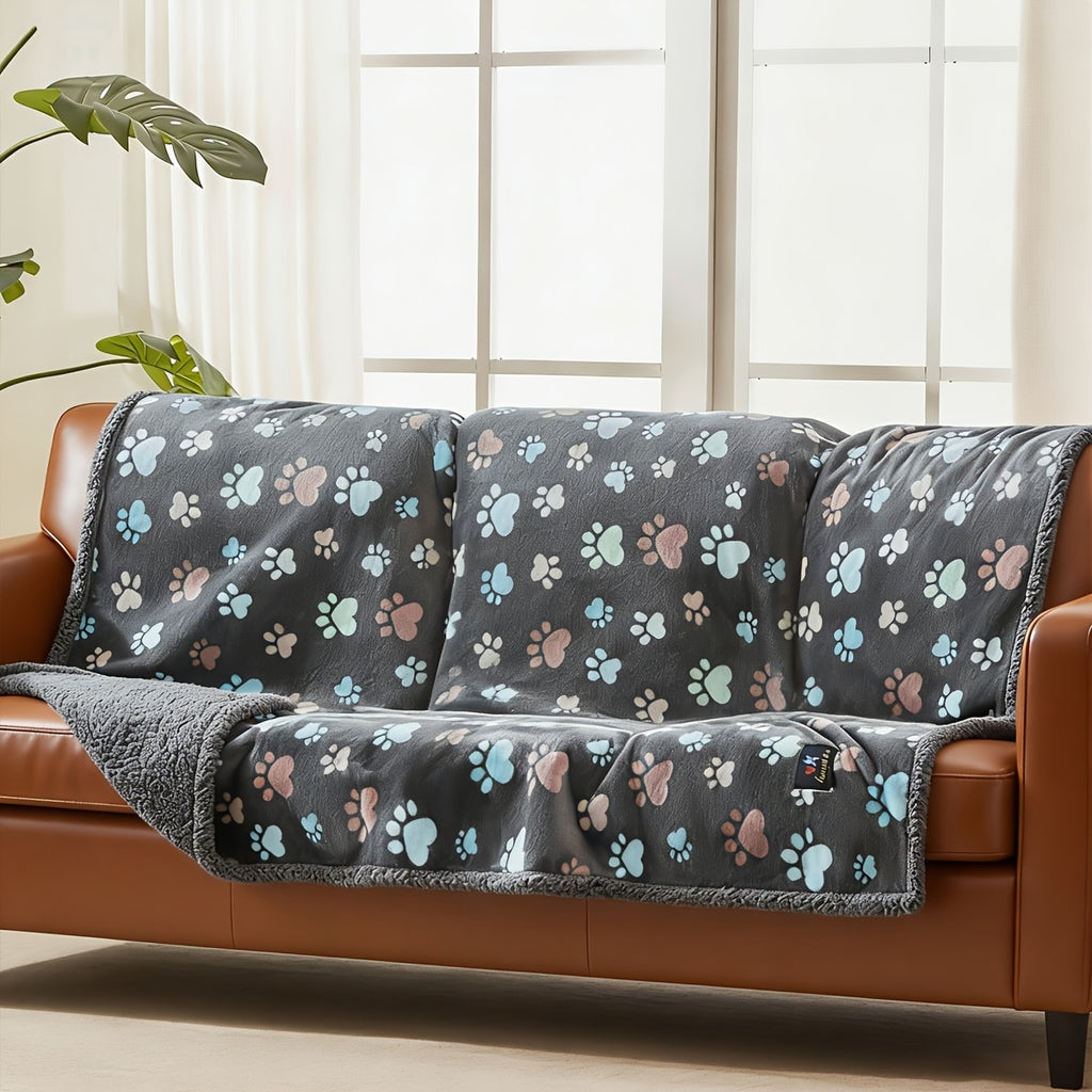 Gray Pattern Dog Blanket for Couch and Bed, Soft Fluffy Reversible Washable Pet Furniture Cover with Bone or Paw Designs and Multiple Size Options