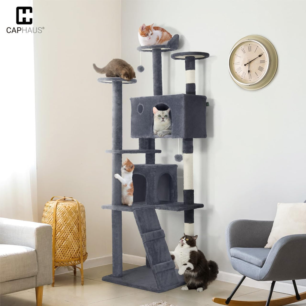 Cat Tree for Large Indoor Cats, 74 Inch Multi-Level Tower with Widened Perch, Sisal Scratching Posts, Tunnel, Basket, Condo and Wand Toy, Smoky Grey
