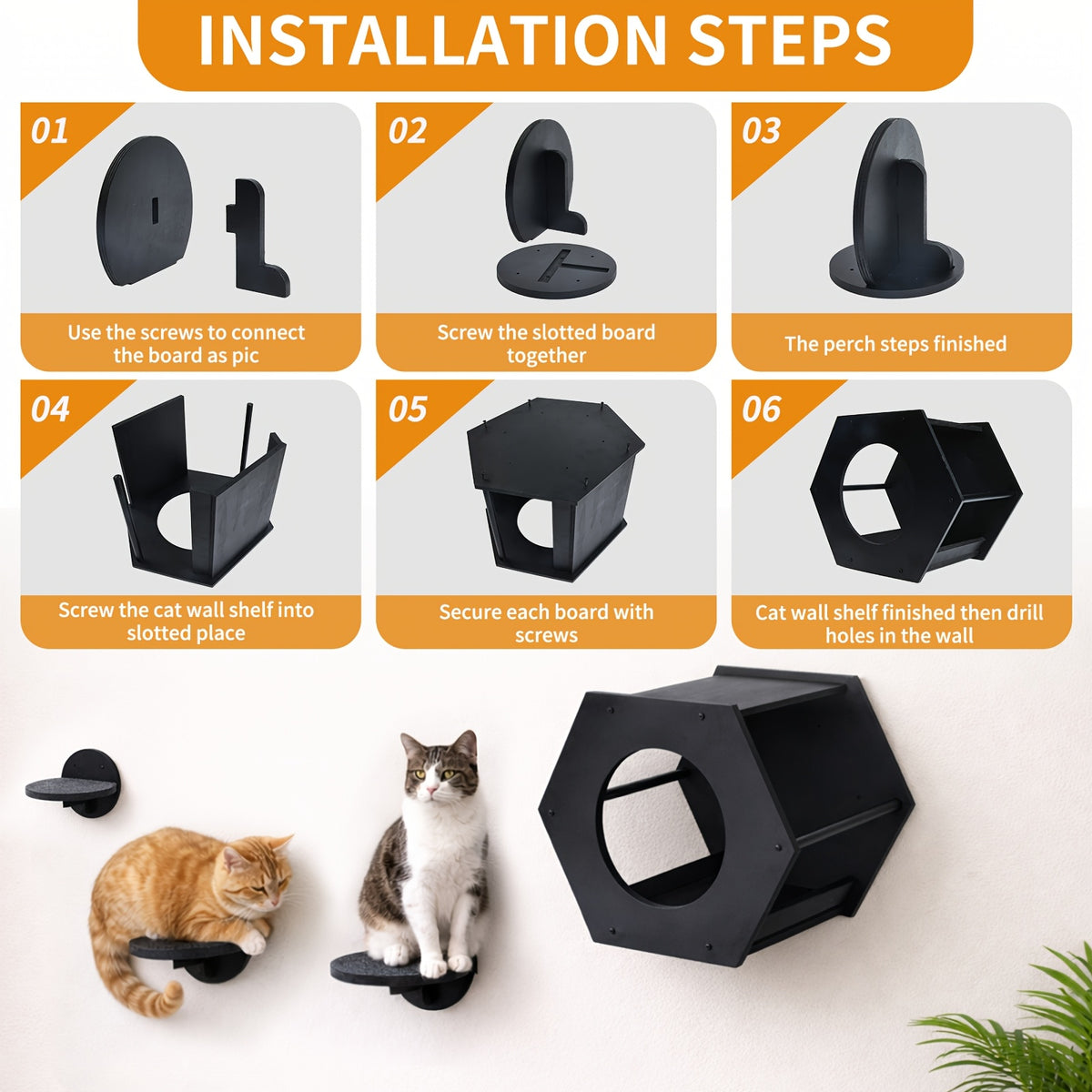 Cat Wall Shelves with Hexagon House, 4-Piece Wooden Climbing Furniture Set with 3 Steps and Scratching Post for Small and Medium Indoor Cats up to 20 lbs