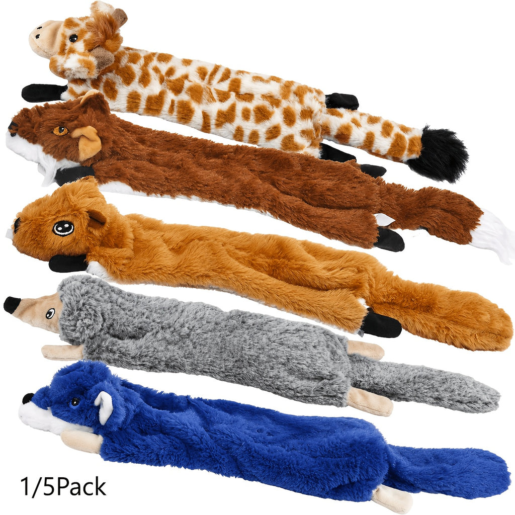 Squeaky Crinkle Dog Toys, No-Stuffing Plush Animal Toys in Brown Squirrel Single or 5-Pack Options for Supervised Puppy Fetch and Indoor Play