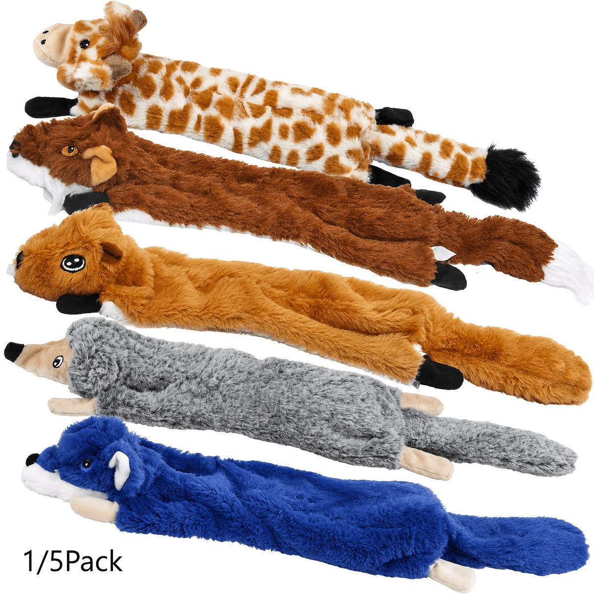 Squeaky Crinkle Dog Toys, No-Stuffing Plush Animal Toys in Brown Squirrel Single or 5-Pack Options for Supervised Puppy Fetch and Indoor Play