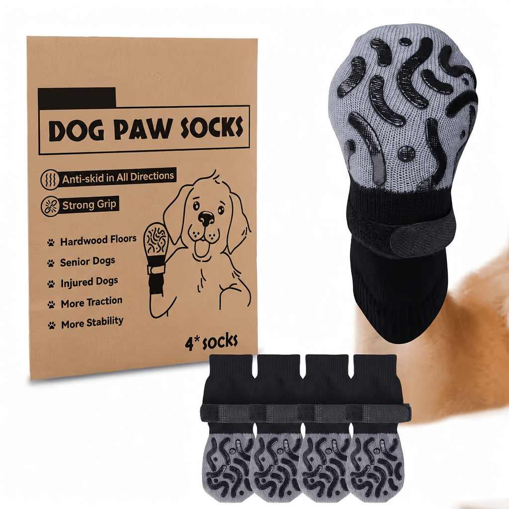 Non-Slip Dog Socks with Grip Pads, 4-Piece Paw Covers for Senior Dogs on Hardwood Floors, Everyday Pet Traction Accessories in Black or Caramel