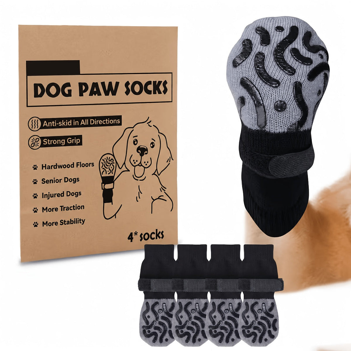 Non-Slip Dog Socks with Grip Pads, 4-Piece Paw Covers for Senior Dogs on Hardwood Floors, Everyday Pet Traction Accessories in Black or Caramel
