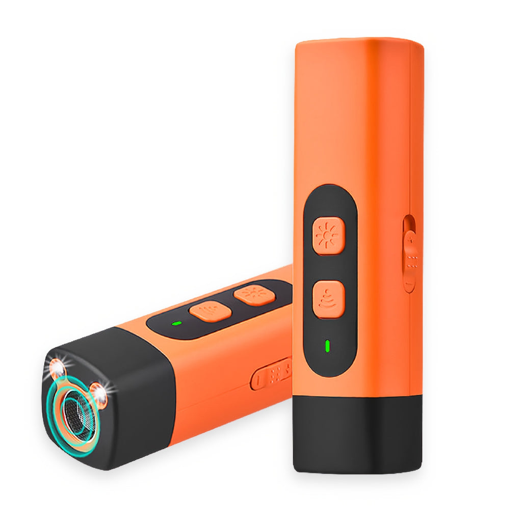 Rechargeable Ultrasonic Dog Bark Deterrent Device with LED Flashlight, Listed 30ft Range and Steady or Flashing Light Modes, Orange Training Tool
