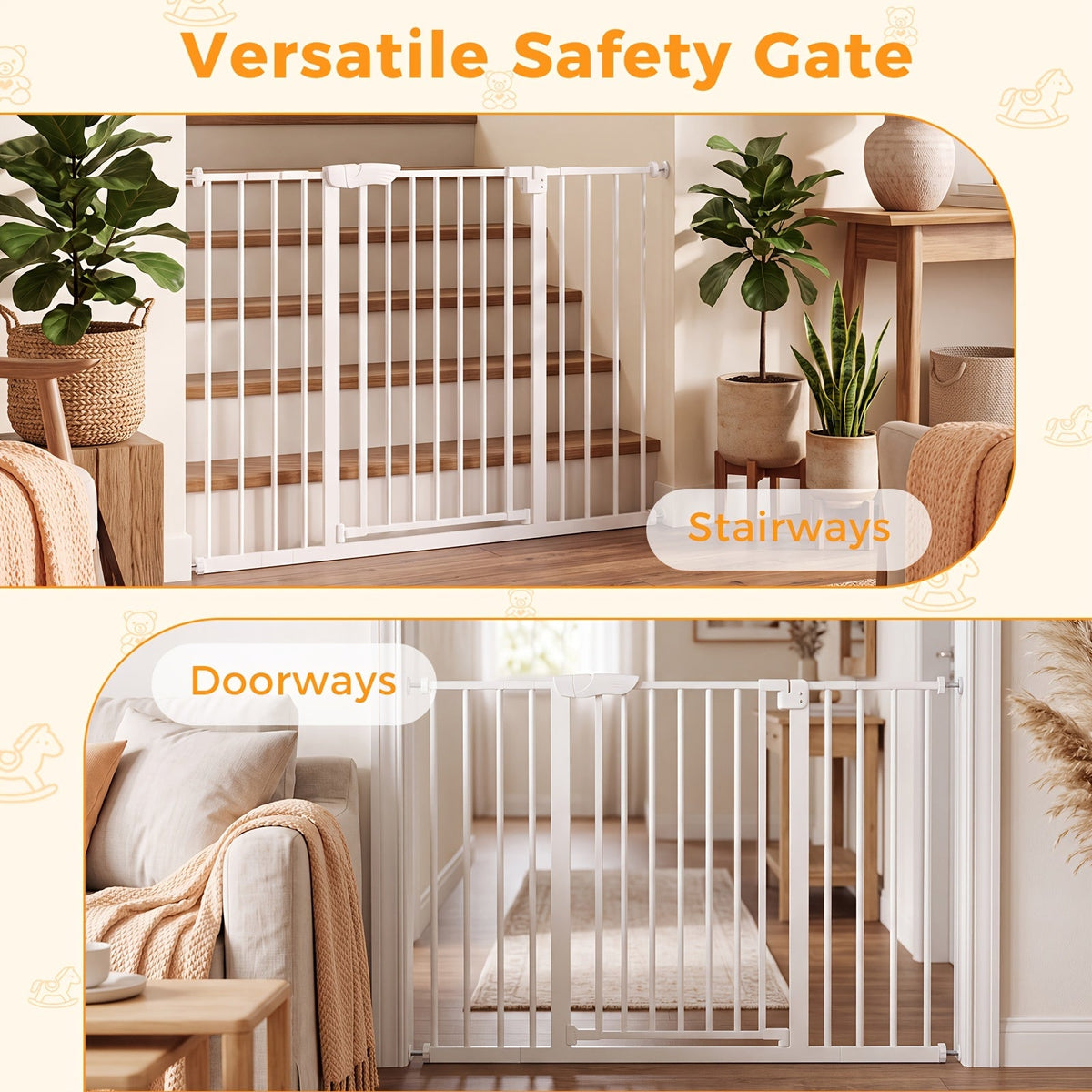 Auto Close Pet Gate in White, Pressure Mounted Walk Through Dog Barrier with Two-Way Swing, One-Hand Operation and Extensions for Doorways and Hallways