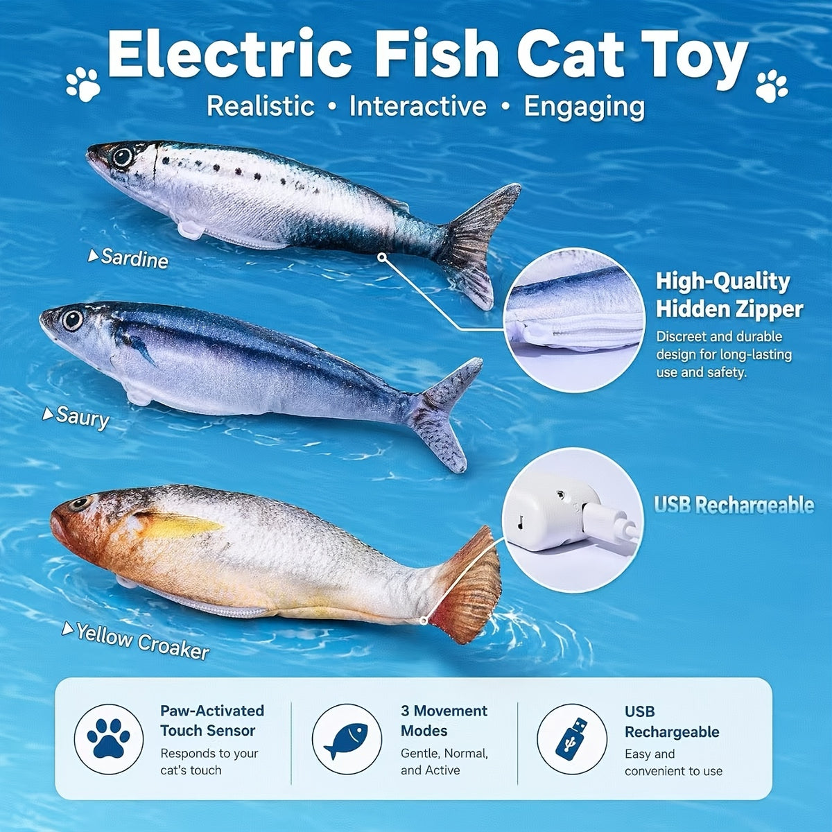 Flopping Fish Cat Toy 3-Pack, Touch-Activated Type-C Rechargeable Interactive Fish with 3 Swing Modes and Removable Motor for Indoor Cat Play