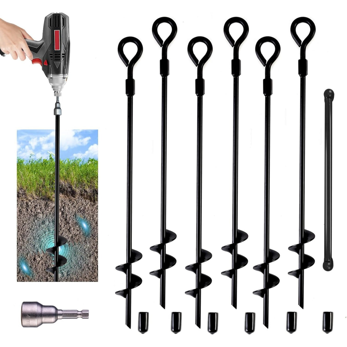 Screw In Ground Anchors 18 Inch with Folding Rings, Spiral Metal Stakes in 4, 6 or 8 Packs for Supervised Dog Tie Outs and Camping Setups