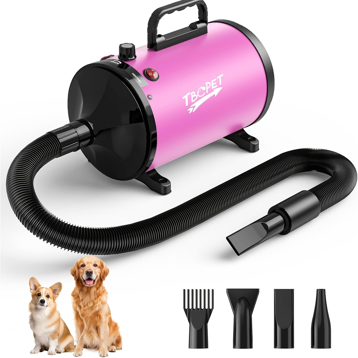 Dog Blow Dryer 2000W with Adjustable Speed and Temperature, Pet Grooming Hair Dryer with 4 Nozzles and Extendable Hose in Four Colors