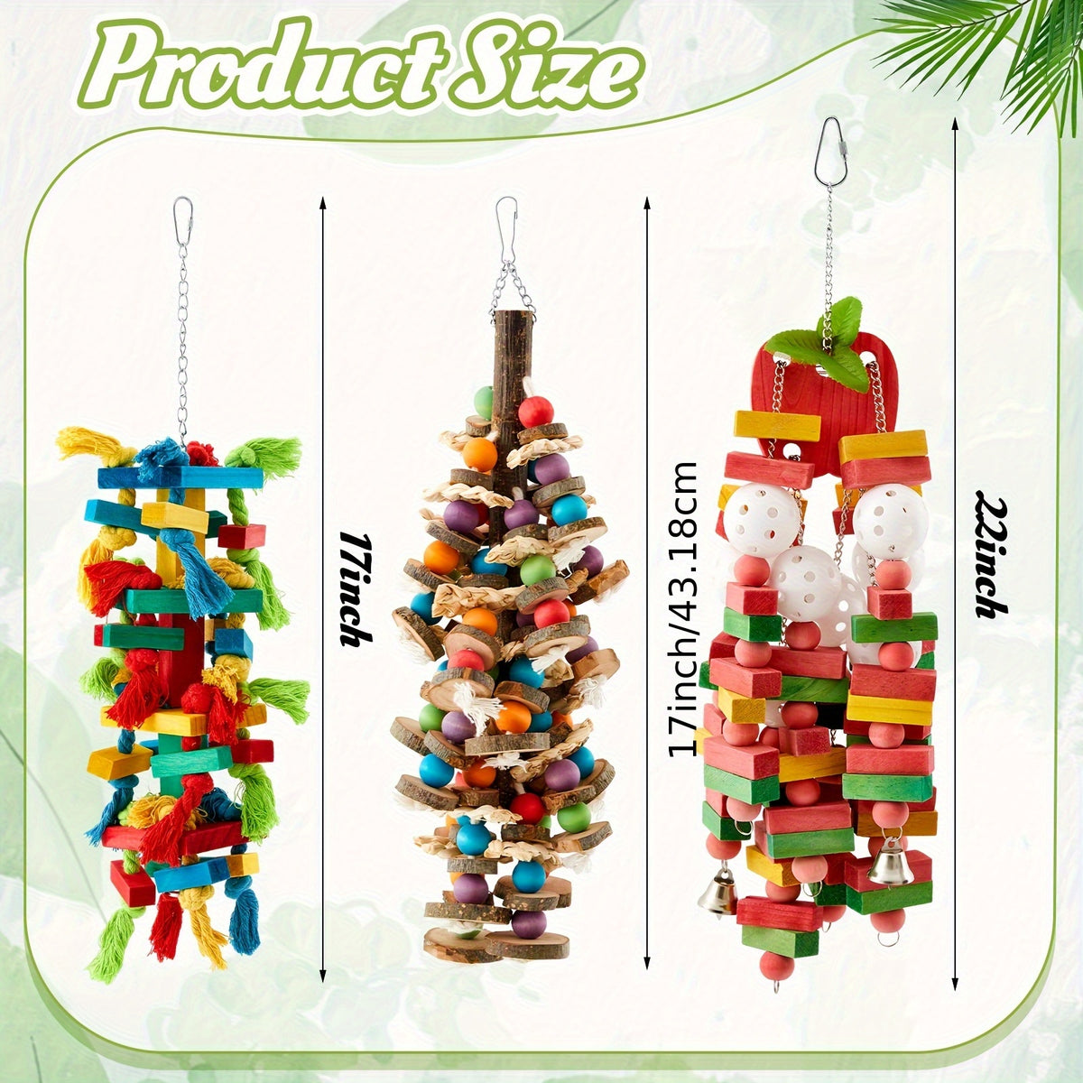 Large Parrot Chew Toys 3 Pack, Colorful Wooden Block and Ball Hanging Cage Toys for Macaws, Cockatoos and African Greys, CUNNO Bird Enrichment Set