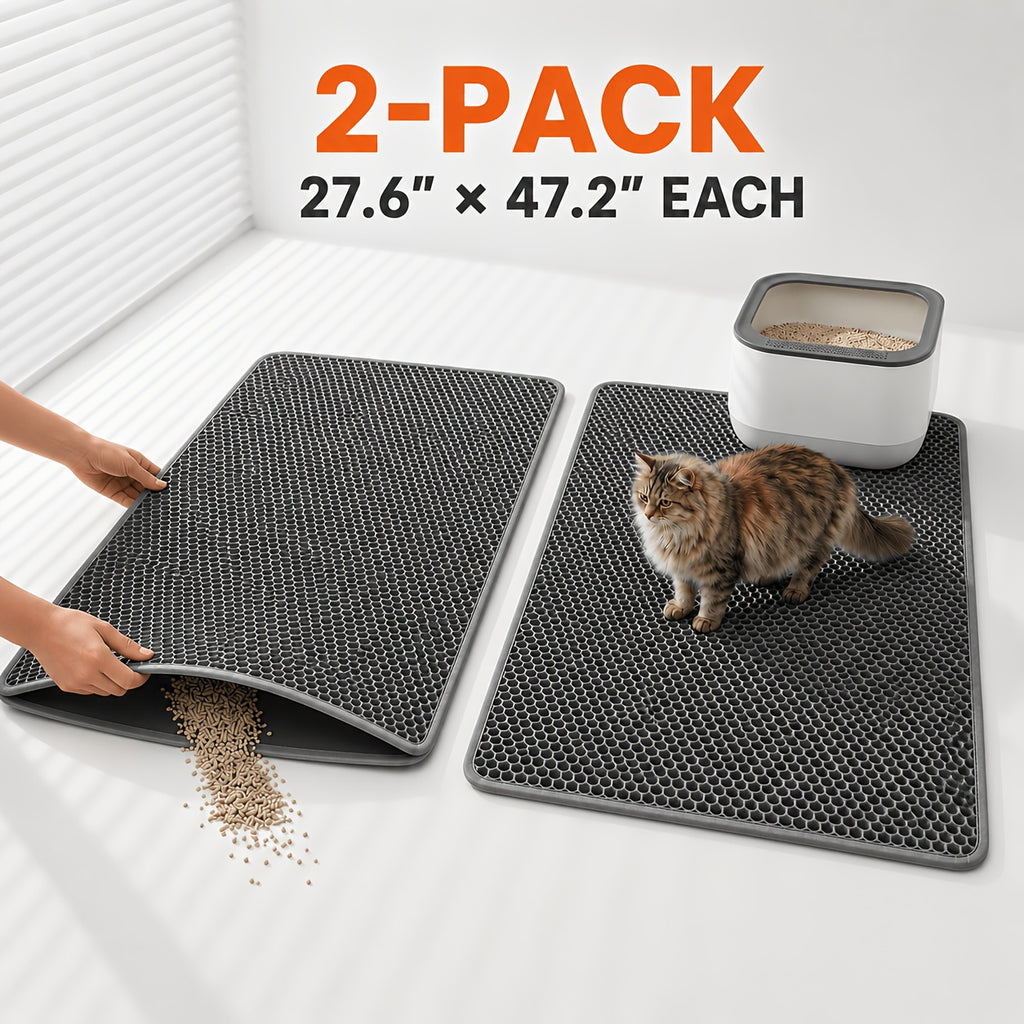 Cat Litter Mat Set of 2, Double-Layer Honeycomb Litter Catchers for Multi-Cat Homes, Washable Scatter Control Mats in XXL Pair or L and M Combo