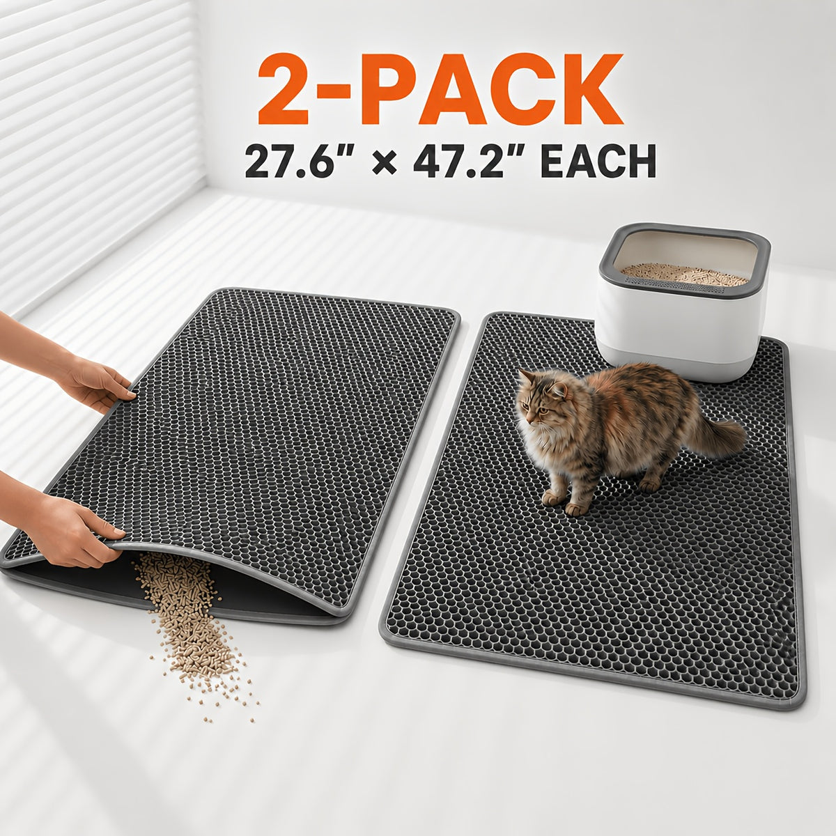 Cat Litter Mat Set of 2, Double-Layer Honeycomb Litter Catchers for Multi-Cat Homes, Washable Scatter Control Mats in XXL Pair or L and M Combo