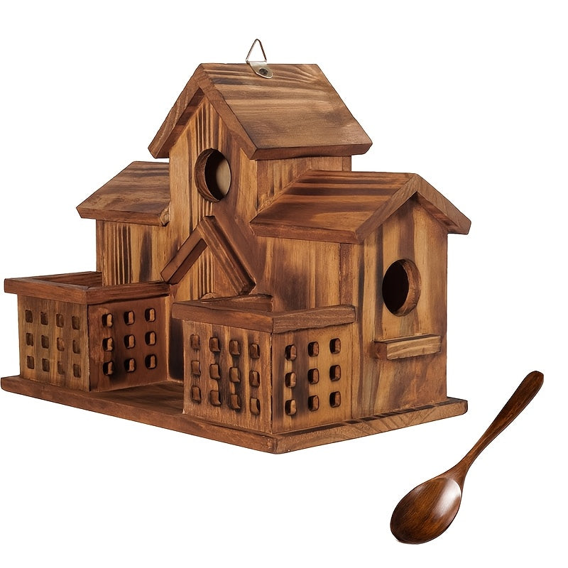 Compact Wooden Birdhouse with Feeding Spoon, Hanging Cottage-Style Bird House with Round Openings and Front Feeding Areas for Outdoor Garden Decor