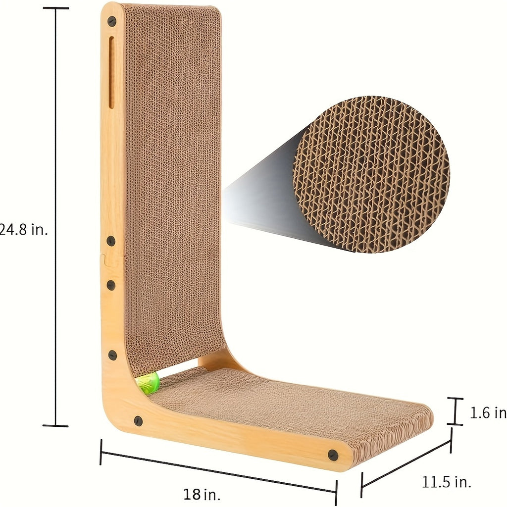 Wood Frame Cardboard Cat Scratcher, XL 24.8 Inch L-Shaped Vertical and Floor Scratching Board with Replaceable Pads and Jingle Toy Ball