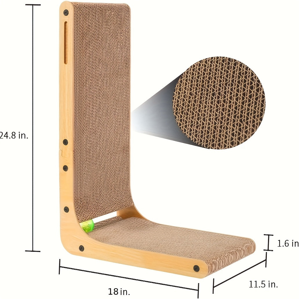 Wood Frame Cardboard Cat Scratcher, XL 24.8 Inch L-Shaped Vertical and Floor Scratching Board with Replaceable Pads and Jingle Toy Ball