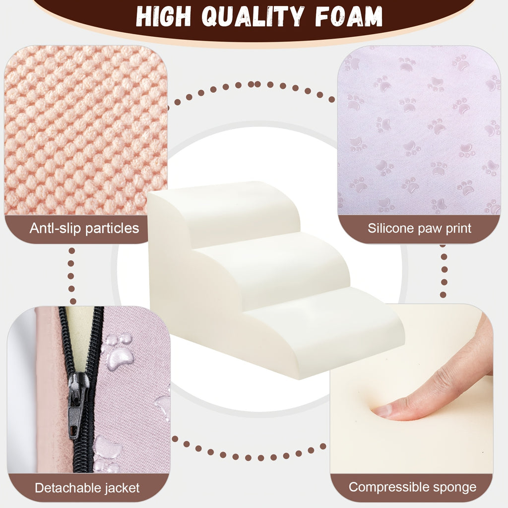 Memory Foam Dog Steps with Washable Cover, 2-Step Pet Stairs with Non-Slip Bottom and Textured Surface for Sofa and Bed Access, Brown or Camel