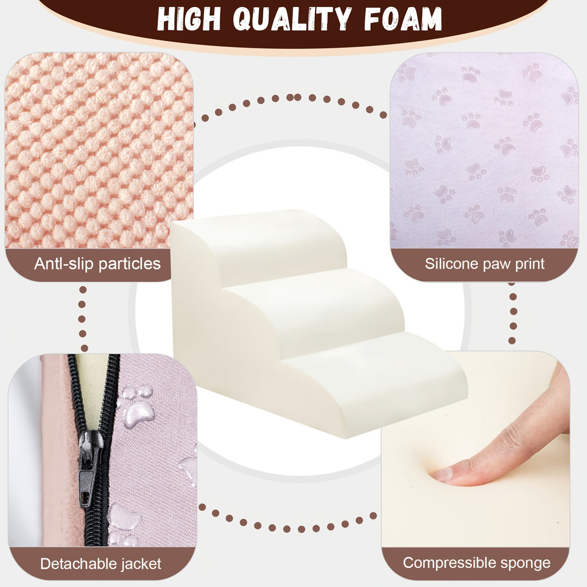 Memory Foam Dog Steps with Washable Cover, 2-Step Pet Stairs with Non-Slip Bottom and Textured Surface for Sofa and Bed Access, Brown or Camel