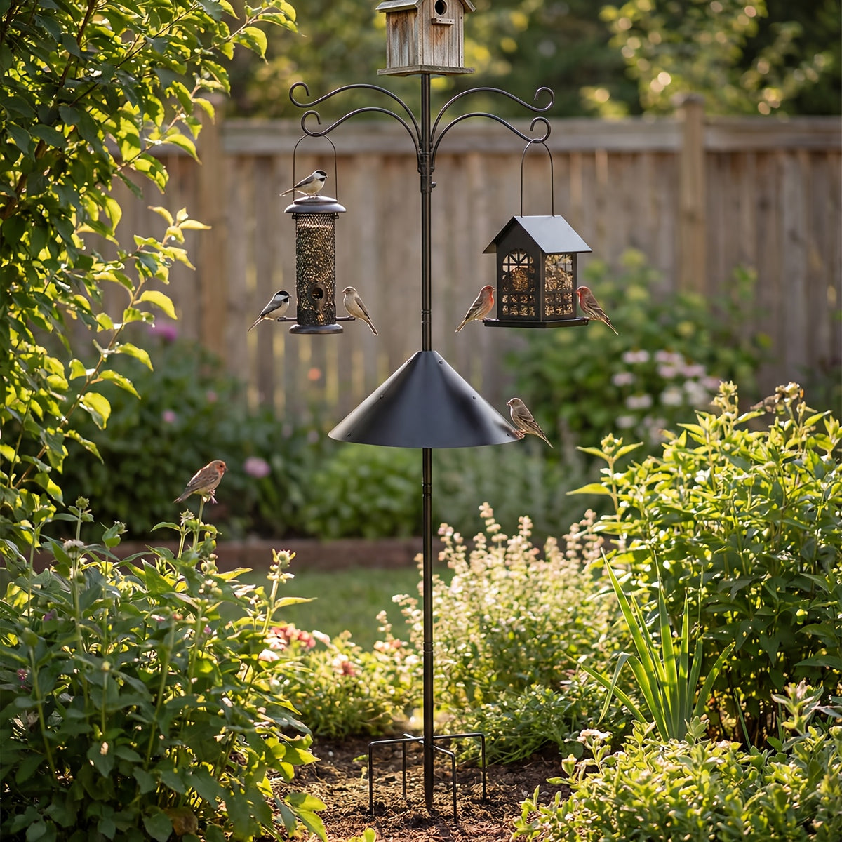 Bird Feeder Pole with Squirrel Baffle, 92-Inch Listed Garden Feeding Station Stand with Adjustable Shepherd Hooks and Metal Trays, Birdhouse Not Included