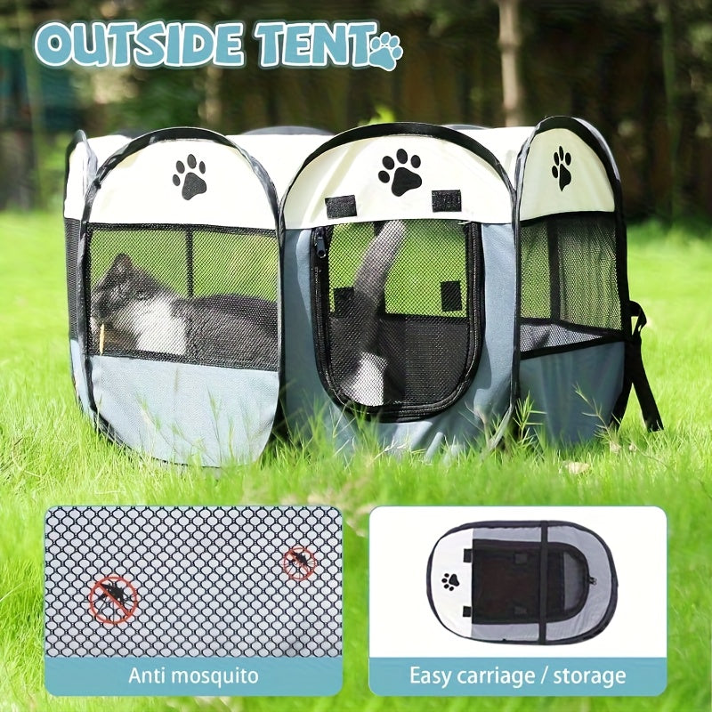 Pet Playpen Tent for Dogs and Cats, Foldable Octagonal Oxford Fabric Enclosure with Paw Print Design for Indoor, Outdoor and Travel Use