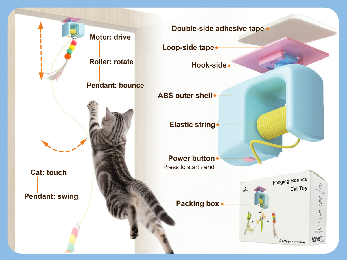 Automatic Hanging Cat Toy with Touch-Activated Retractable Tail, Blue Door or Wall Play Toy with Two Replacement Tails for Supervised Indoor Fun