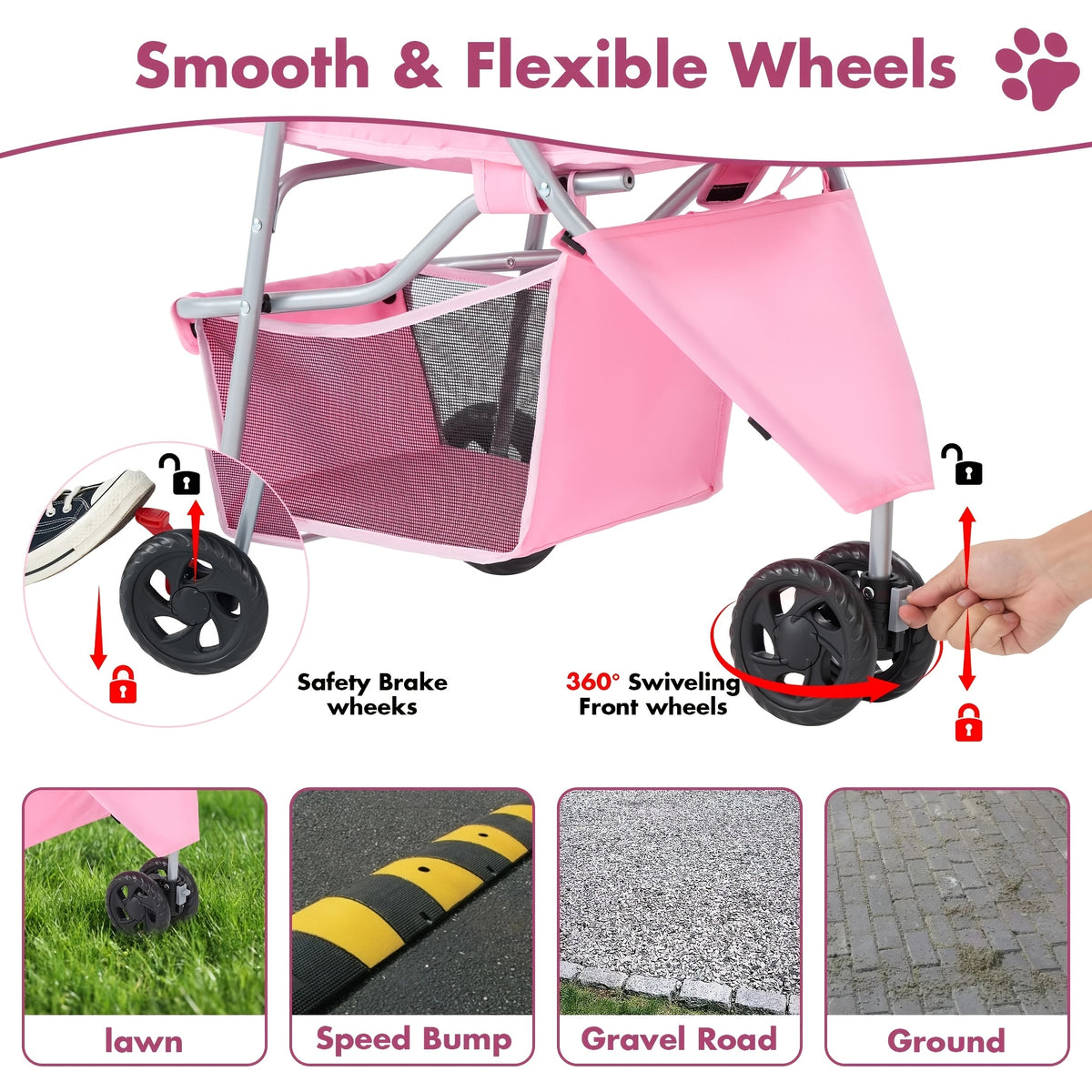 Pink Pet Stroller for Small Dogs and Cats, Lightweight Three-Wheel Foldable Travel Carrier with Breathable Mesh, Storage Basket and Cup Holder
