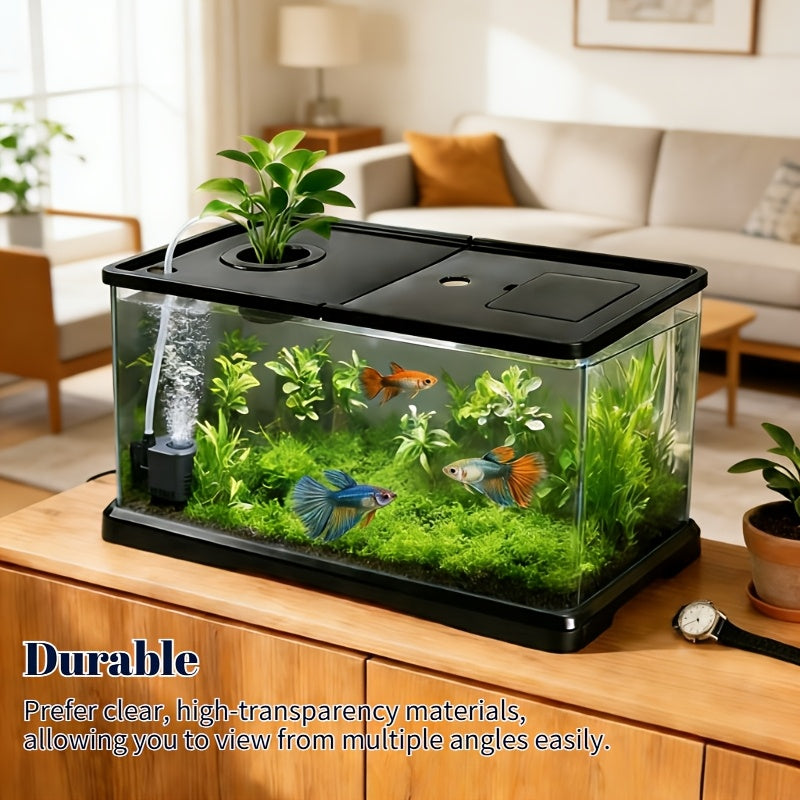Rectangular Fish Tank with Lid and Plant Opening, Clear Aquarium Display in Large or M Model for Home, Office and Classroom Aquatic Decor