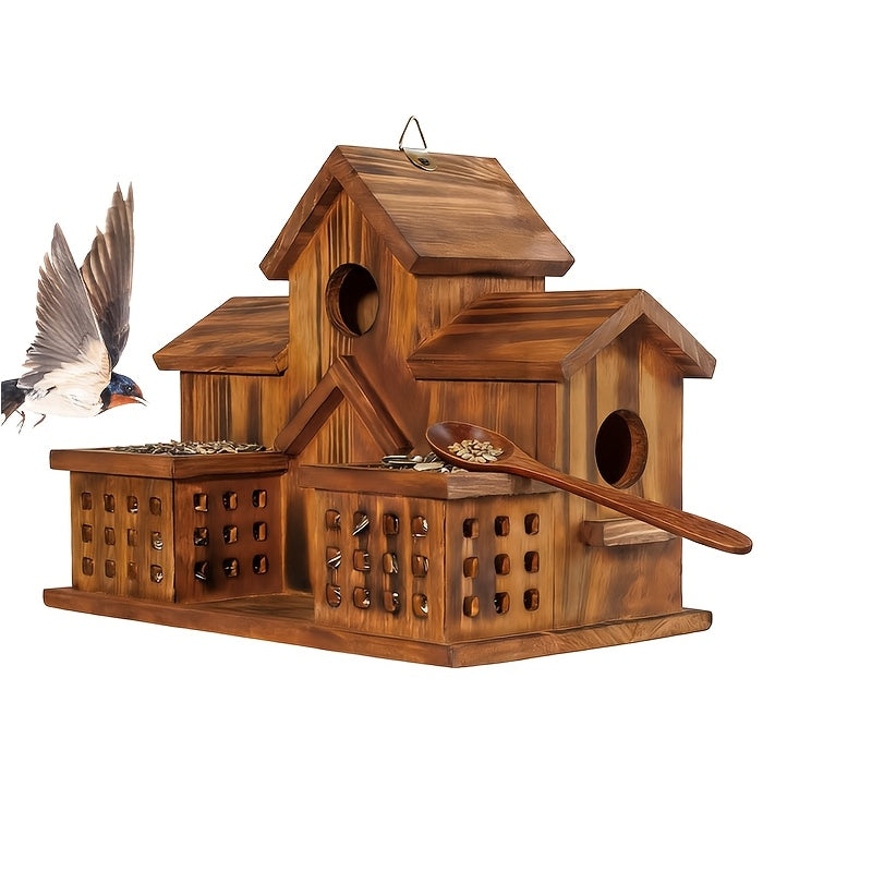 Compact Wooden Birdhouse with Feeding Spoon, Hanging Cottage-Style Bird House with Round Openings and Front Feeding Areas for Outdoor Garden Decor