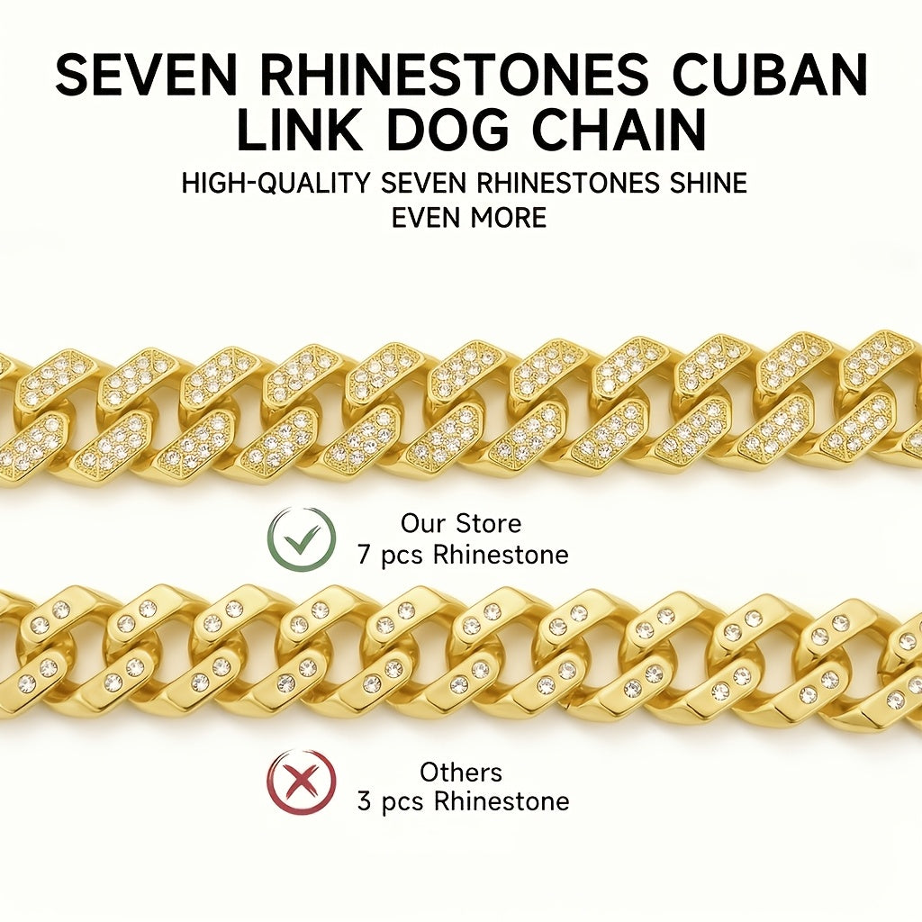 Cuban Chain Dog Collar with Rhinestones, 14mm Wide Metal Pet Necklace in Golden, White or Red for Dress-Up Photos, Parties and Holiday Gifts