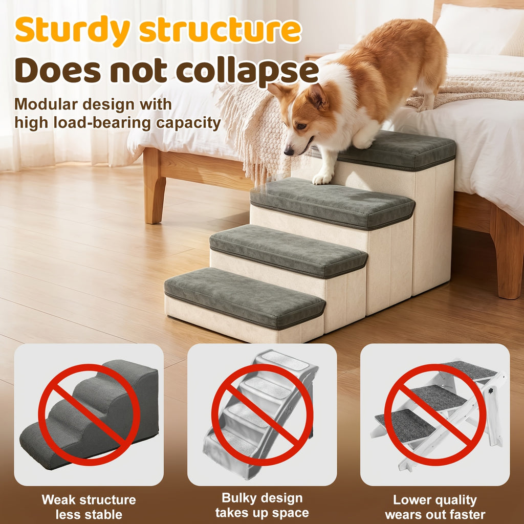 Foldable Dog Stairs with Storage Ottoman Design, Soft Cushioned Non-Slip Pet Steps for Bed and Couch, 3/4-Step Styles with Chicken Leg Plush Toy