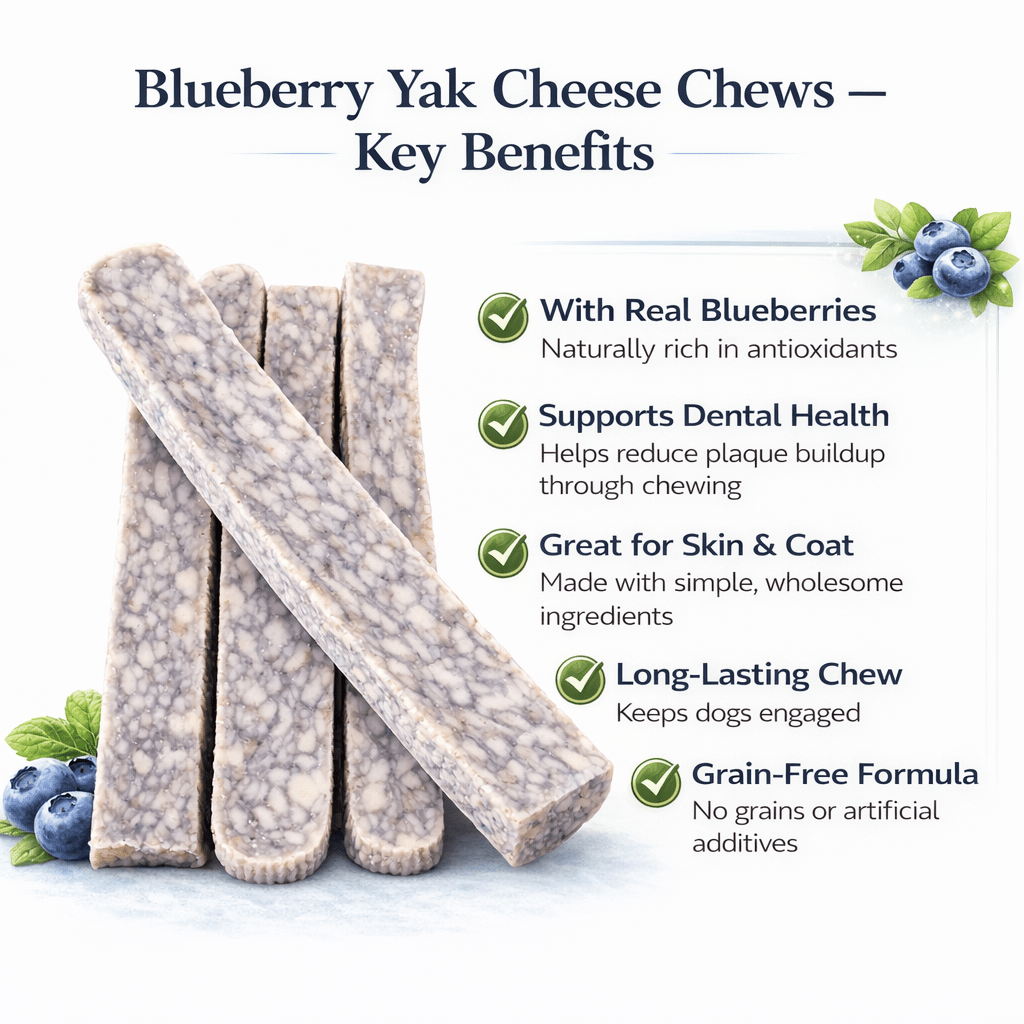 Yak Cheese Chews for Dogs, Blueberry Himalayan Dog Treats with Yak Milk and Lime, Grain-Free High-Protein Firm Chews for Medium and Large Dogs