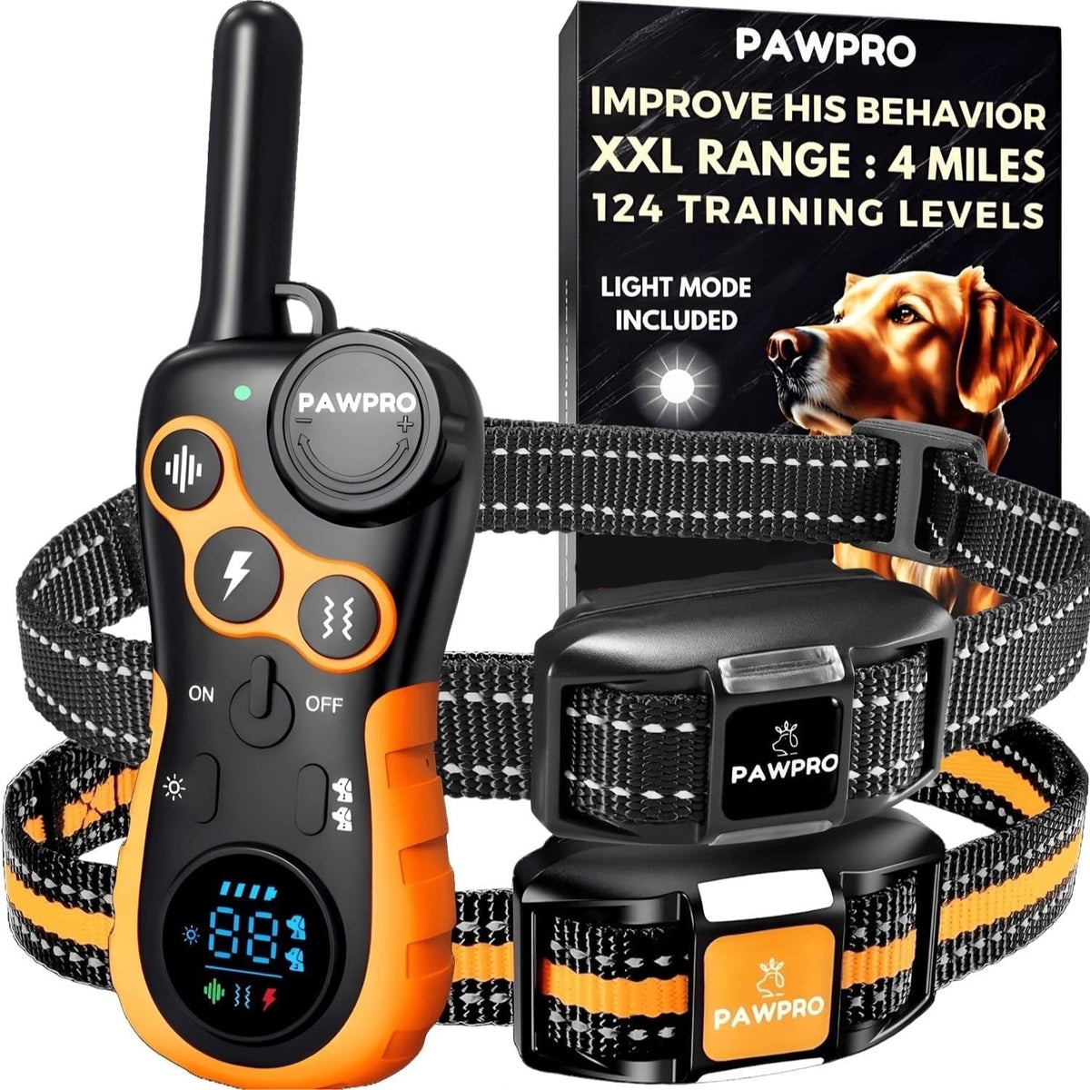 Long Range Dog Training Collar with Remote, PAWPRO Listed 4-Mile Range, 124 Adjustable Levels, Beep, Vibration, Static and Night-Light Modes