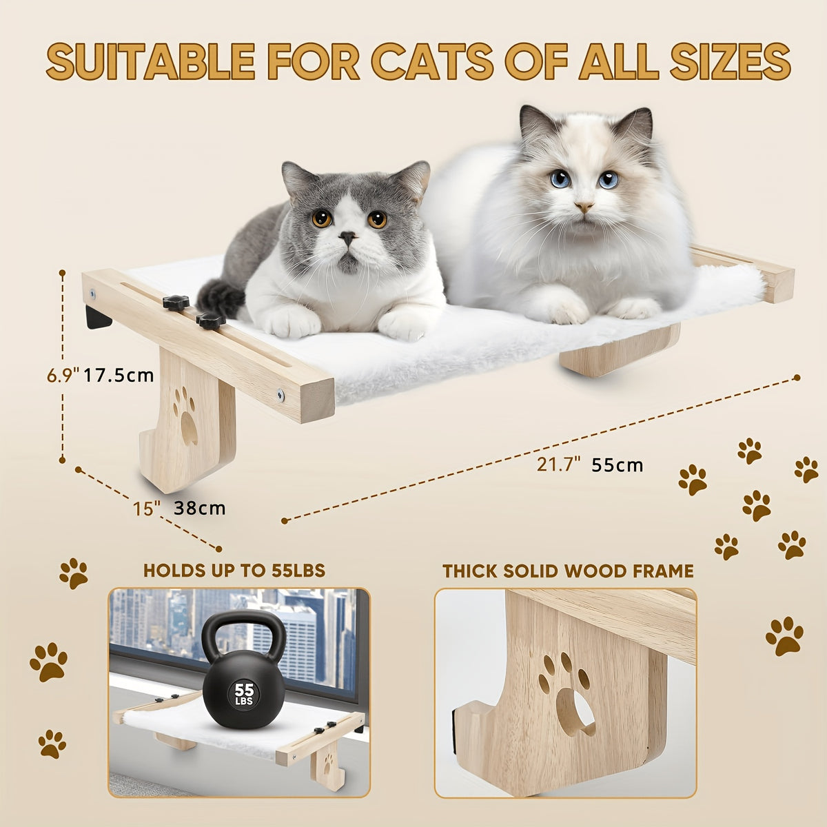 Wood Frame Cat Window Perch, Adjustable Hanging Indoor Cat Bed for Compatible Windowsills, Bedsides, Drawers and Shelves, Space-Saving Lounging Spot