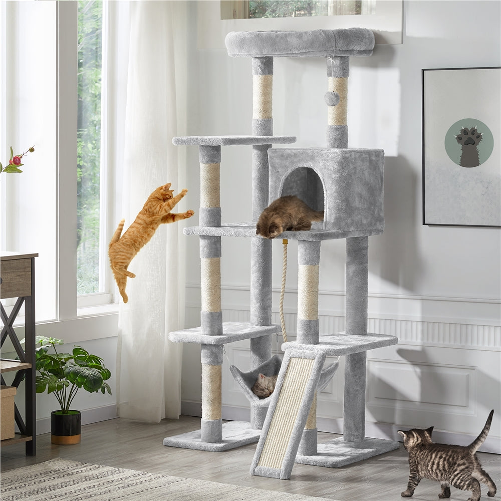 63 Inch Cat Tree with Hammock and Condo, Light Gray Plush Multi-Level Cat Tower with Scratching Posts, Ramp, Top Perch and Hanging Ball