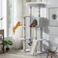 63 Inch Cat Tree with Hammock and Condo, Light Gray Plush Multi-Level Cat Tower with Scratching Posts, Ramp, Top Perch and Hanging Ball